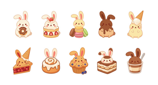 Cute sweet kawaii bunny rabbit dessert characters collection featuring cake donut macaron muffin and ice cream vector