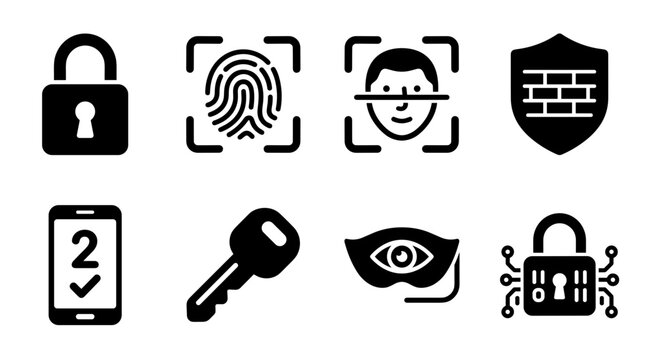 Solid black cyber security and digital privacy glyph icons set containing lock fingerprint face id key and shield vector