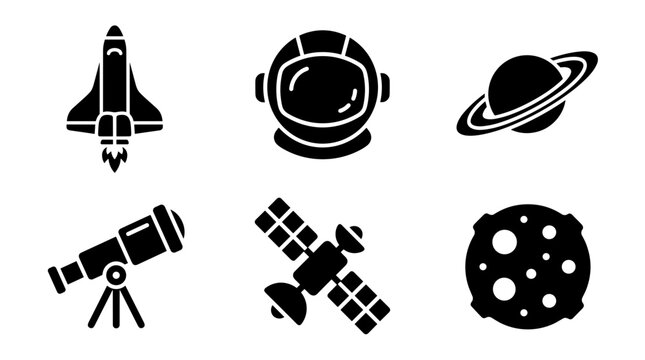 Outer space exploration black solid icons set with rocket spaceship astronaut helmet planet and telescope vector