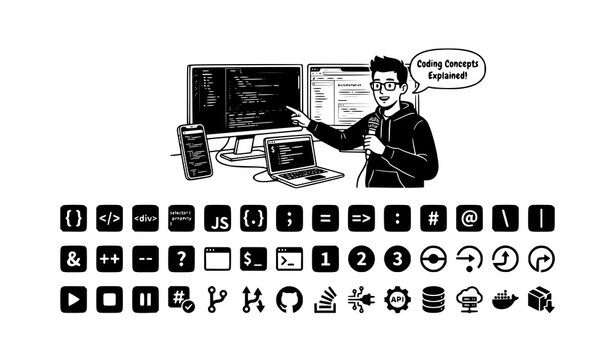 Male programmer explaining coding concepts online with computer monitors laptop microphone and software development web syntax vector glyph icon set