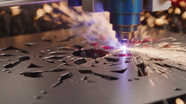 A laser cutting machine cuts through a metal sheet with precision and accuracy in an industrial setting.