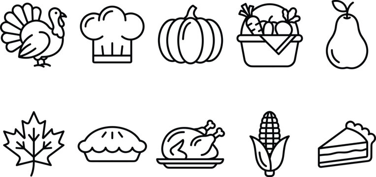 Thanksgiving holiday autumn harvest food line icon set with turkey pumpkin pie corn basket symbols