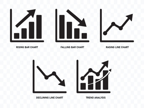 Set of business analytical charts and trend icons illustrating financial growth and decline for performance reporting with analysis business statistics