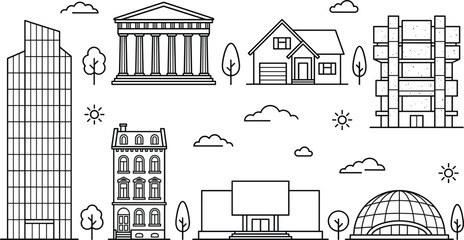 Architecture and building types vector line art icon set with skyscraper house classical temple dome on white background © MdMursalin
