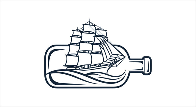 Vintage sailing ship inside a glass bottle illustration.