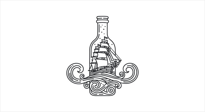 Vintage ship sailing inside a glass bottle illustration.