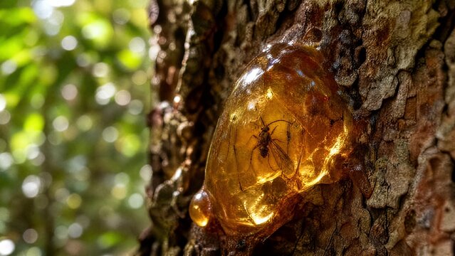 Golden amber copal resin trapped in tree bark containing a preserved insect.