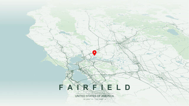 Modern minimalist vector map of Fairfield, California, USA. High-quality scalable illustration of Fairfield city grid, Interstate 80 corridor, State Route 12, Suisun Marsh for posters design.