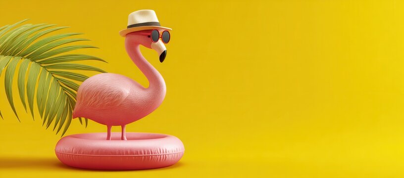 Cool pink flamingo wearing a hat and sunglasses on an inflatable ring with a palm leaf against a yellow background