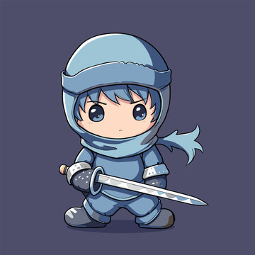 Chibi hooded character holding a long silver sword