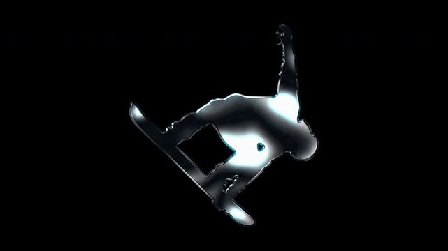 Silver metallic snowboarder executing jump grab trick silhouette. Alpha channel. Seamless loop video.