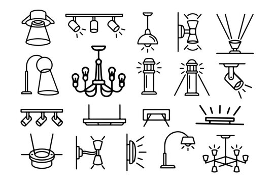 Architectural Lighting Line Icons Vector Set for Interior Design, CAD Drawings and Blueprint Plans