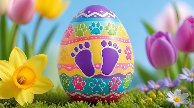 Colorful Easter egg with purple paw print patterns in garden.