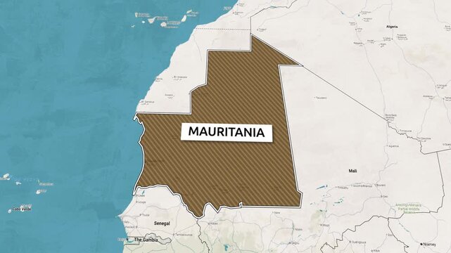 Borders of the state of Mauritania on the map. Country Mauritania on the map is highlighted by a polygonal border. Map animation. From above zooming in with panoramic view