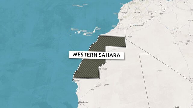 Borders of the state of Western Sahara on the map. Country Western Sahara on the map is highlighted by a polygonal border. Map animation. From above zooming in with panoramic view