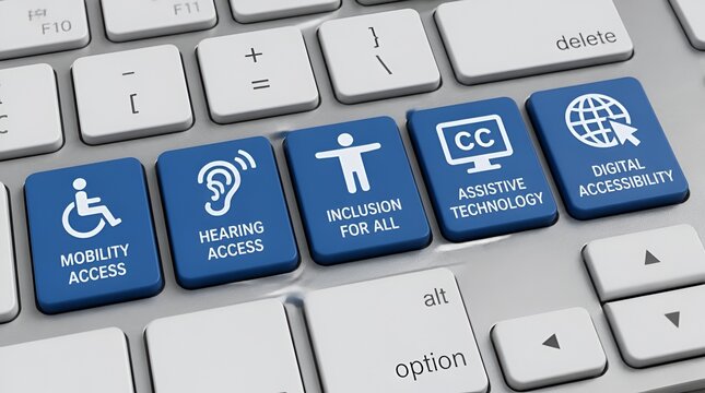 Computer keyboard keys with accessibility and inclusion icons.