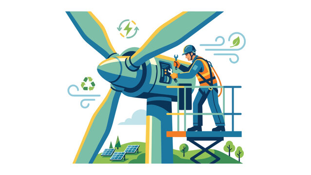 Wind Turbine Maintenance: A worker in safety gear meticulously repairs a wind turbine, surrounded by solar panels and green energy symbols, highlighting sustainable power generation.