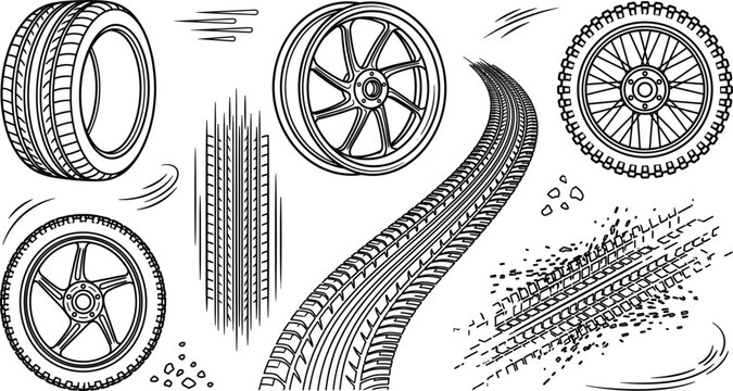 Car tire and alloy wheel rim vector line art illustration with tread track marks on a white background