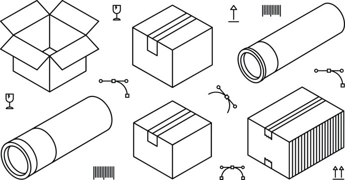 Packaging and delivery boxes vector line art icon set with cardboard parcel mailing tubes isometric symbols on white