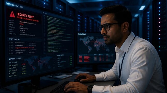 Cybersecurity analyst monitoring server data on multiple computer screens.
