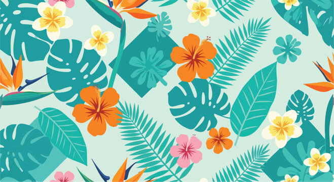 Tropical seamless pattern with hibiscus and monstera leaves. Exotic floral background with bird of paradise flowers. Summer botanical vector illustration.