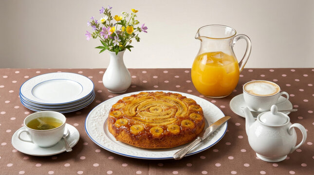 Caramelized banana cake, orange juice, cappuccino and tea on a set table.