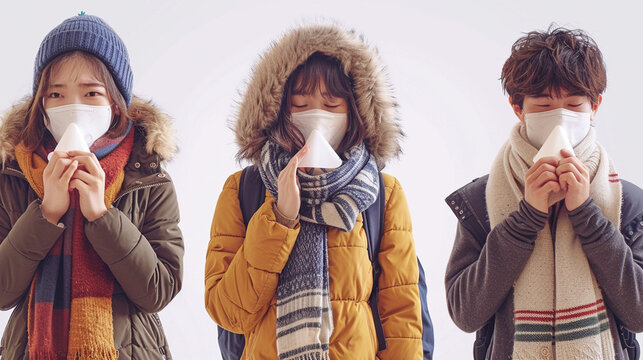 Three young adults, wearing winter coats and face masks, covering their mouths with tissue paper, looking concerned.