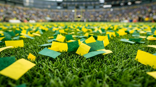 Sports Victory Celebration with Green and Yellow Confetti | Stadium Background Blur Post Match Win | Championship Game Success Atmosphere on Grass | Festive Event Paper Scraps on Turf Field