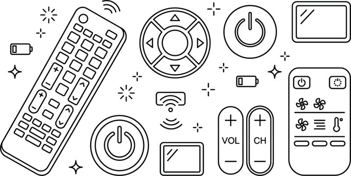 Tv remote control vector line art illustration set with power buttons air conditioner controller icons on white background