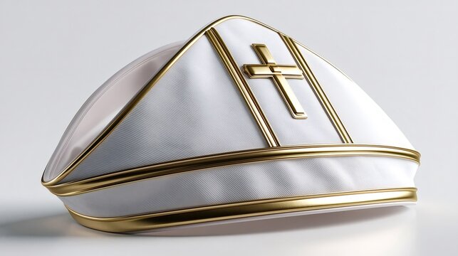 White and gold textured mitre with prominent cross, symbolizing episcopal authority, tradition and sacred leadership in catholic liturgical ceremonies and religious worship