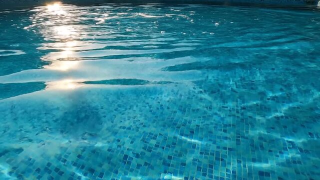 Sunlight reflects on the shimmering surface of a clear blue swimming pool, revealing the tiled bottom below.