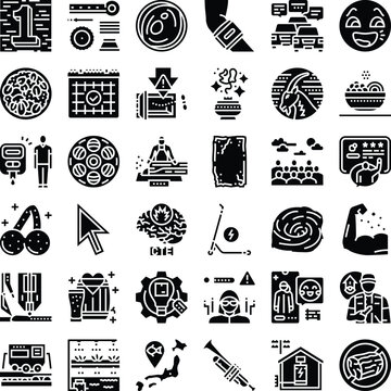 Collection of black solid glyph icons illustrating a wide range of subjects including technology, health, creativity, education, lifestyle, and industry, perfect for modern digital design resources