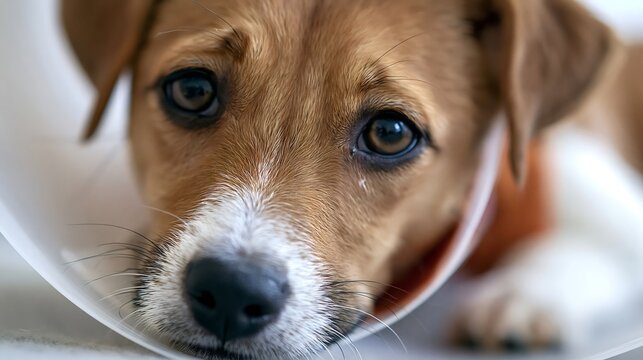 Little jack russell puppy wearing a protective elizabethan collar, known as the cone of shame, lying down with a sad expression, showing the recovery process after a veterinary procedure