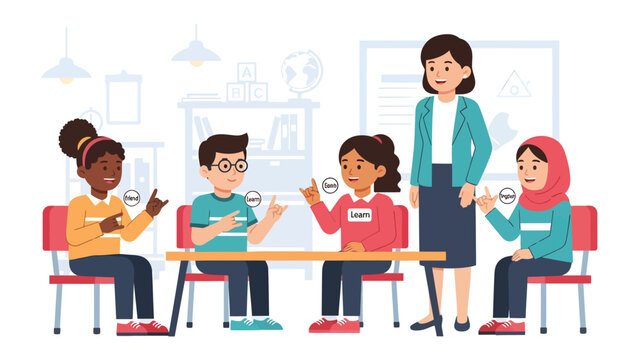 Classroom Connection: A teacher guides diverse young learners in a classroom setting, fostering communication and understanding through interactive learning and sign language.