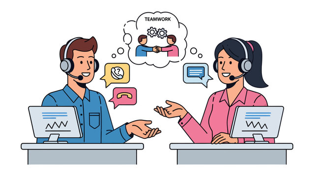 Collaborative Communication in Action: Two call center agents, a man and a woman, wearing headsets, sit at their desks with computers and communicate effectively.