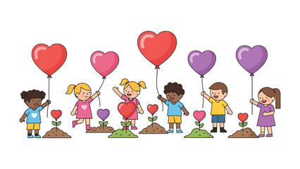 Fototapeta premium Children planting hearts and holding balloons: A group of diverse children happily plant heart-shaped flowers and hold heart-shaped balloons, symbolizing growth, love, and kindness.