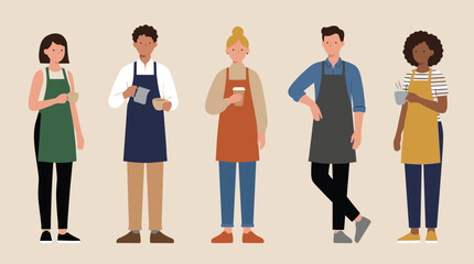 Obraz premium Diverse baristas in casual attire holding coffee cups and equipment, representing cafe team and service industry professionals