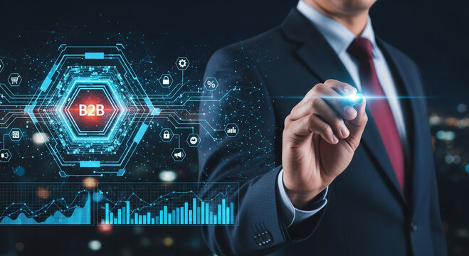 Businessman drawing B2B digital interface with network connections and charts on dark background.