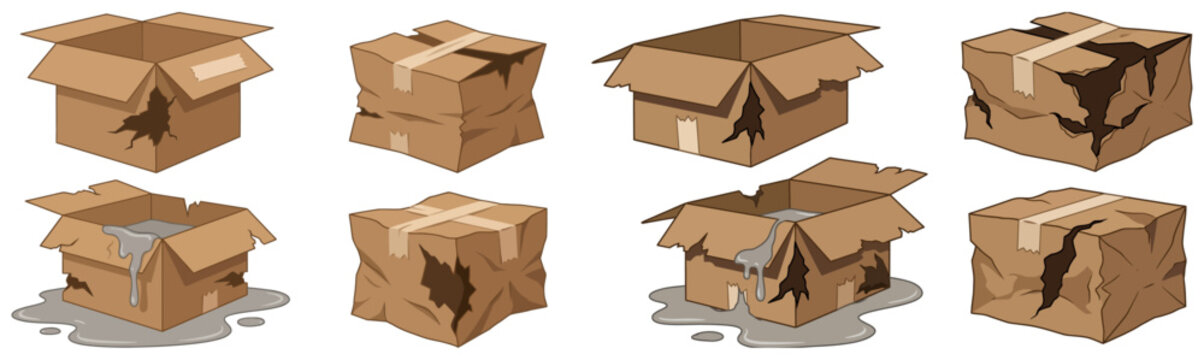 Collection of various damaged and distressed cardboard boxes some with torn edges and others with liquid spills presented as a graphic representation delivery shipping freight
