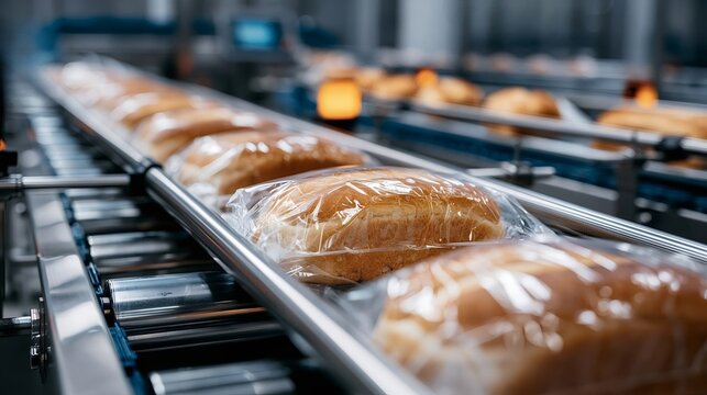 Freshly baked bread loaves individually wrapped in plastic packaging moving along an automated roller conveyor belt in a large scale industrial food production factory setting