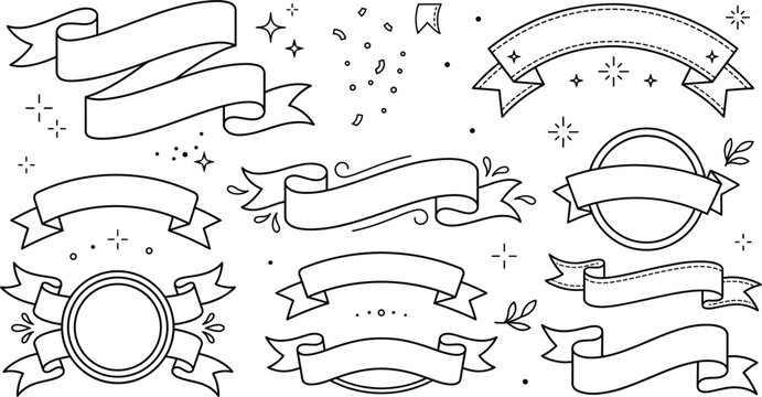 Ribbon banner vector line art illustration set with blank scrolls badges and festive design elements on white background