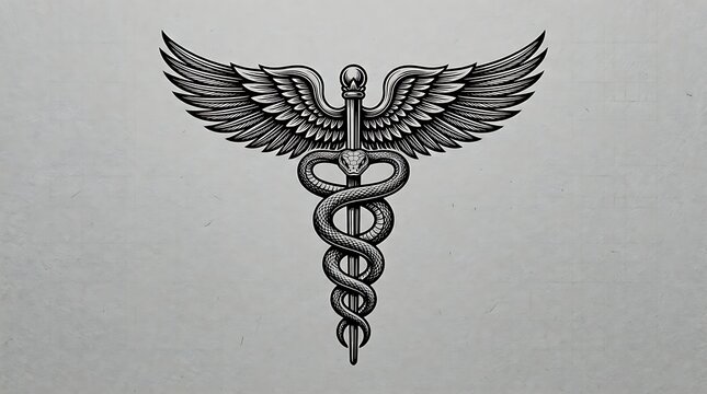 Detailed vintage caduceus symbol with wings and snakes design in monochrome illustration style