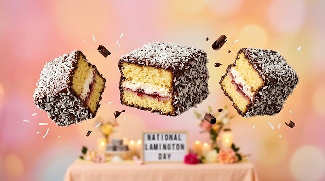 Delicious coconutcovered lamington cake slices exploding with chocolate in colorful celebration setup