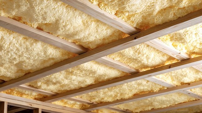Spray foam insulation efficiently sealing an attic roof and wooden rafters, providing enhanced thermal insulation and improving a home's energy efficiency