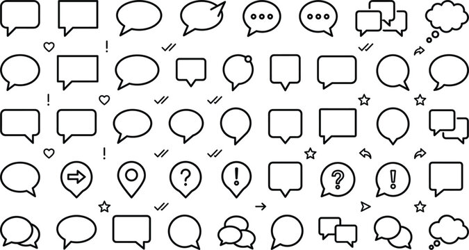 Speech bubble and chat message vector line icon set featuring different dialog boxes communication symbols thought clouds