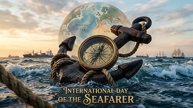 Vintage anchor compass and globe celebrating international day of the seafarer with ships sailing