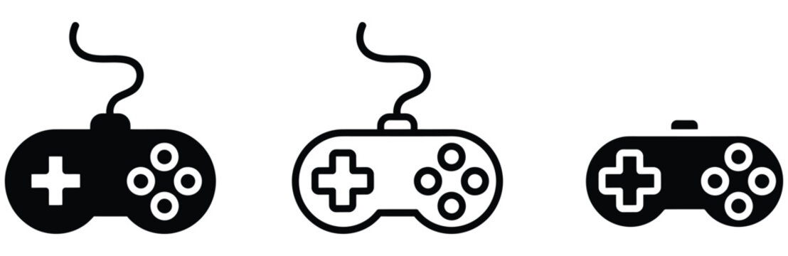 Collection of three different video game controller icons in black and white