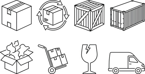 Logistics shipping and cargo packaging vector line icon set featuring cardboard boxes crate container truck trolley fragile glass © MdMursalin
