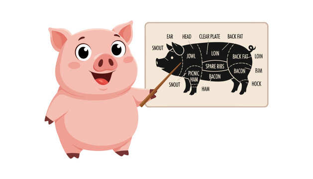 Cute cartoon pig explaining pork cut diagram with education
