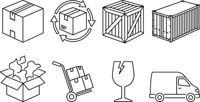 Logistics shipping and cargo packaging vector line icon set featuring cardboard boxes crate container truck trolley fragile glass